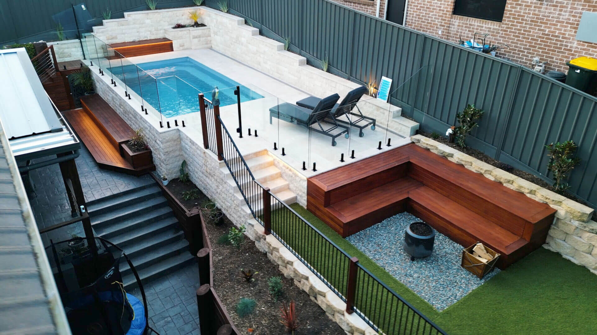 Newcastle Hunter Valley Pool surrounds Decking Synthetic Turf Retaining Wall Entertainment area