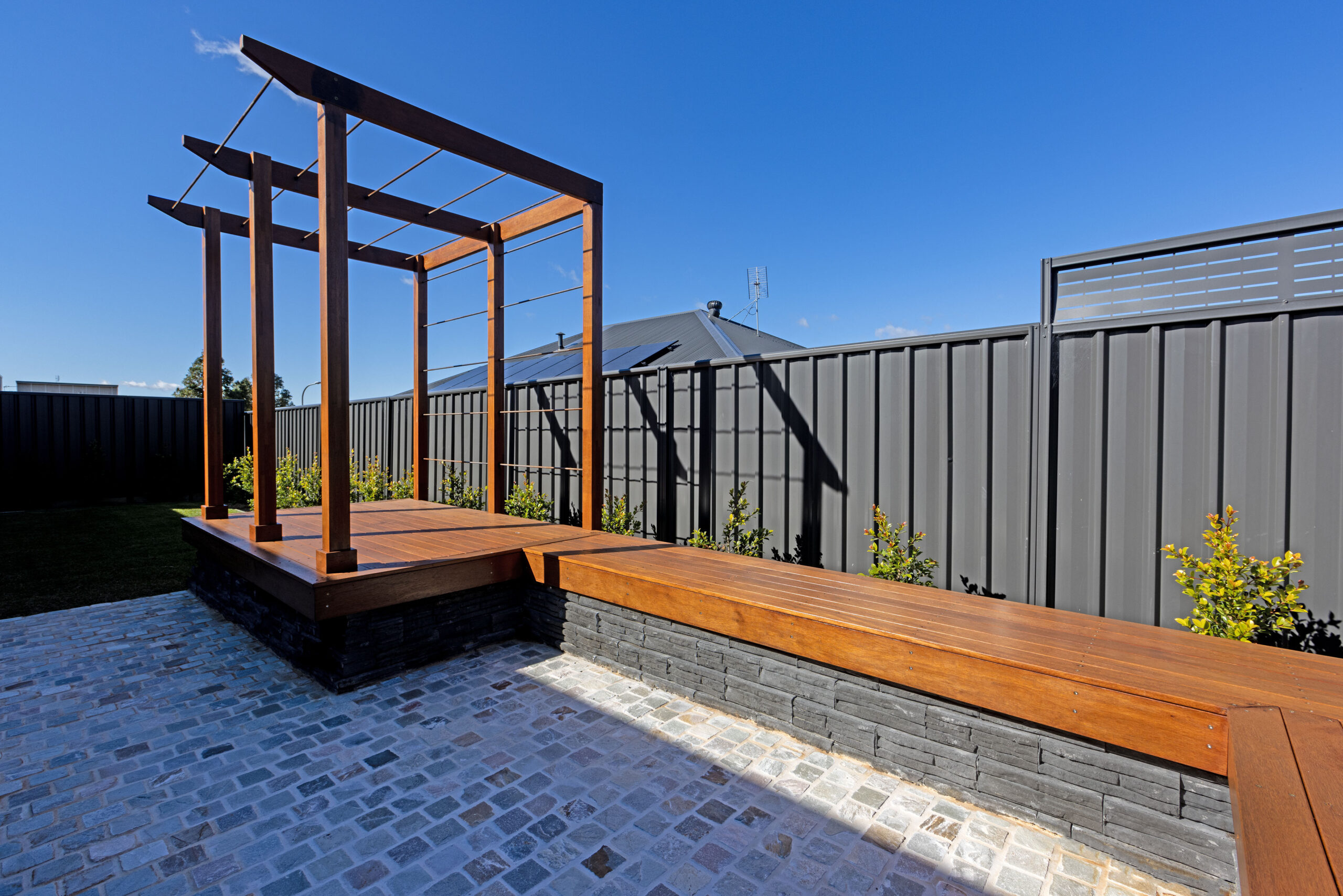 Pergola entertainment area landscaping project Hunter Valley NSW