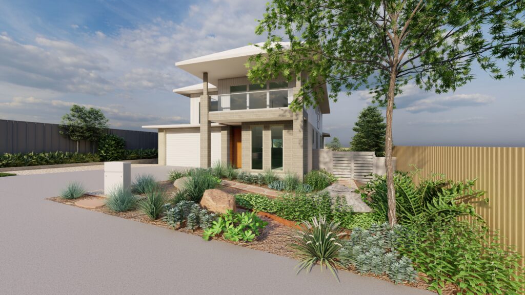 3D render of native garden design Corlette front yard with boulders and native planting
