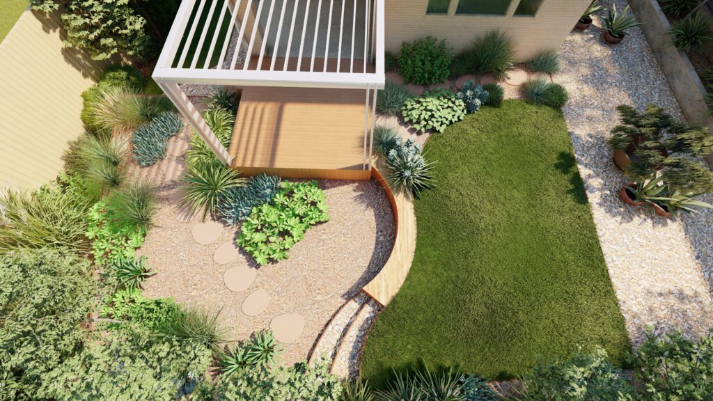 Native garden design Corlette 3D aerial render of rear yard, deck, pergola and curved garden beds