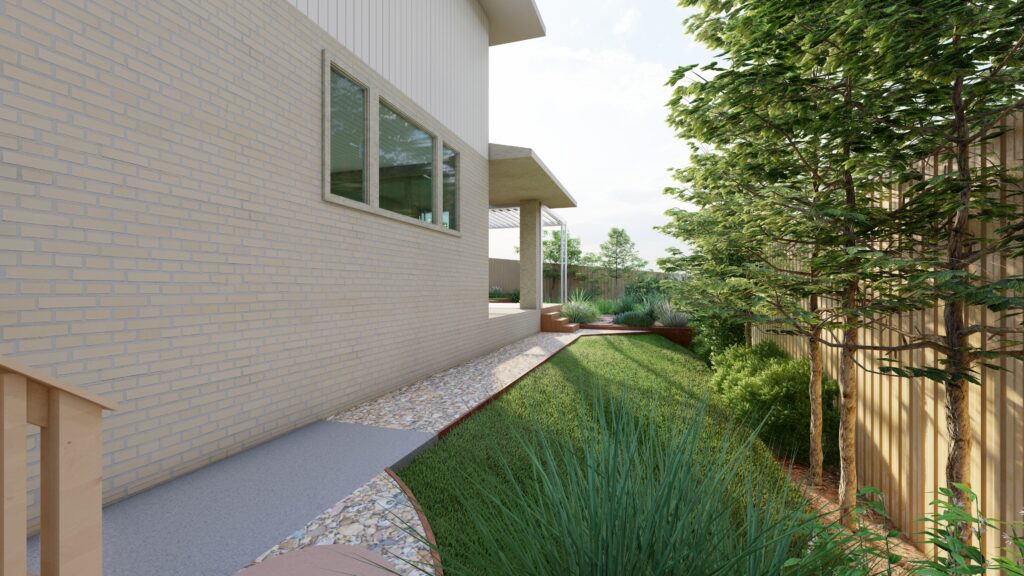 3D render of side garden design in Corlette with native grasses and steel edging