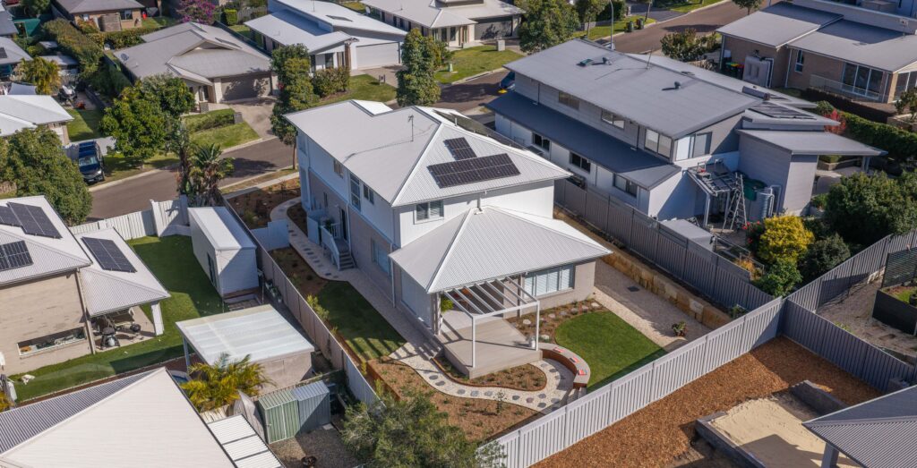 Aerial view of the completed native garden design Corlette property from above