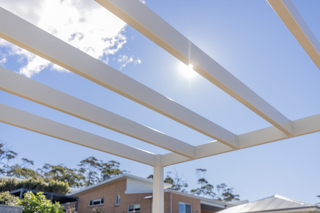 Aluminium pergola detail in a native garden design project in Corlette