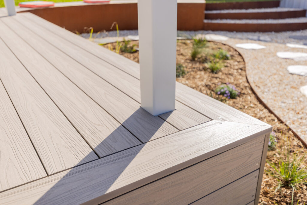 Close-up of Ekodeck composite decking and pergola post, Corlette native garden project