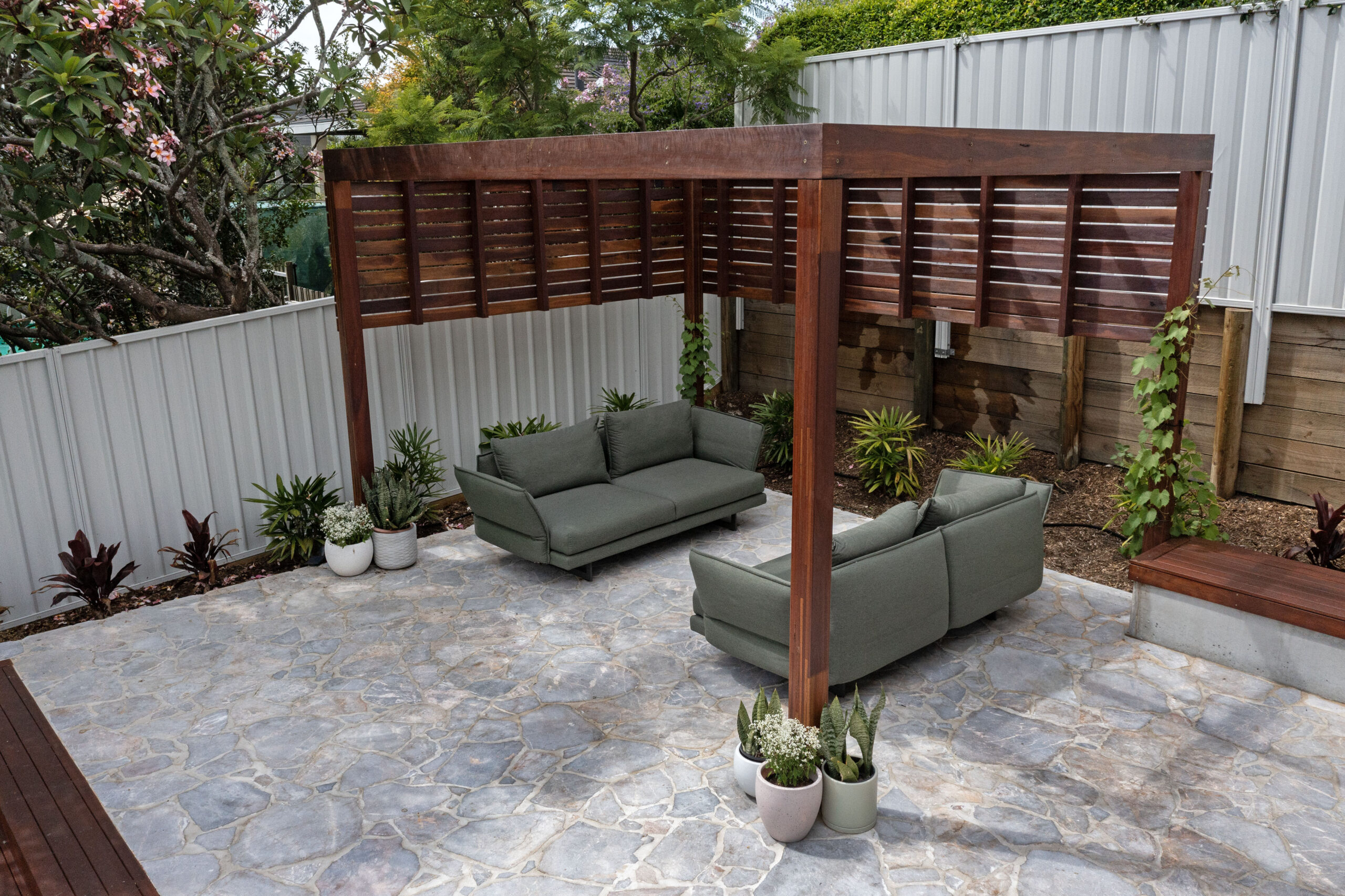 Pergola entertainment area landscaping project Hunter Valley NSW