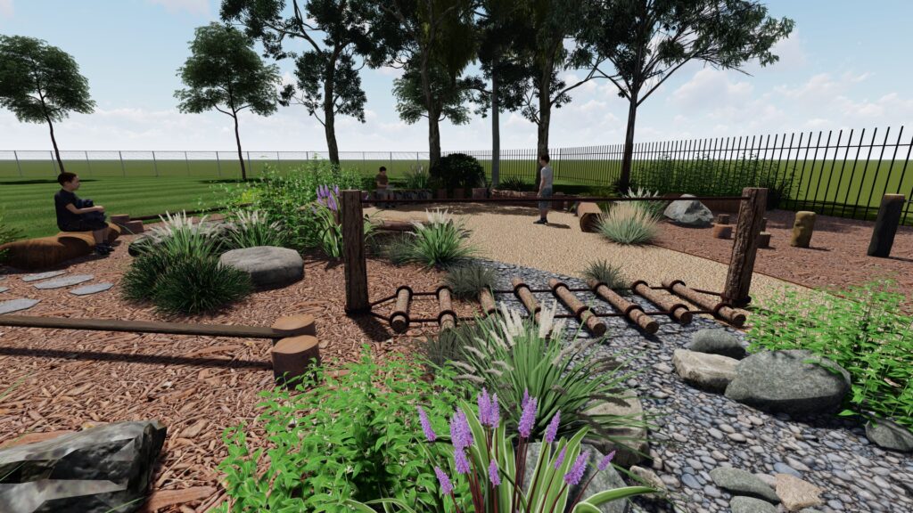 3D render overview of the natural play space design at Hamilton North Public School