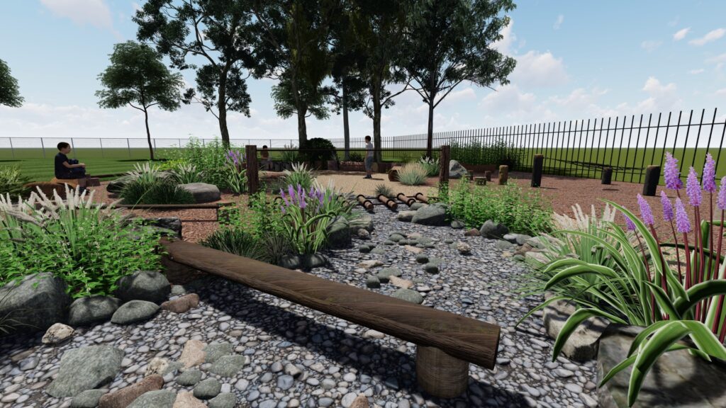 3D render of the balance log crossing over the dry creek bed at Hamilton North Public School