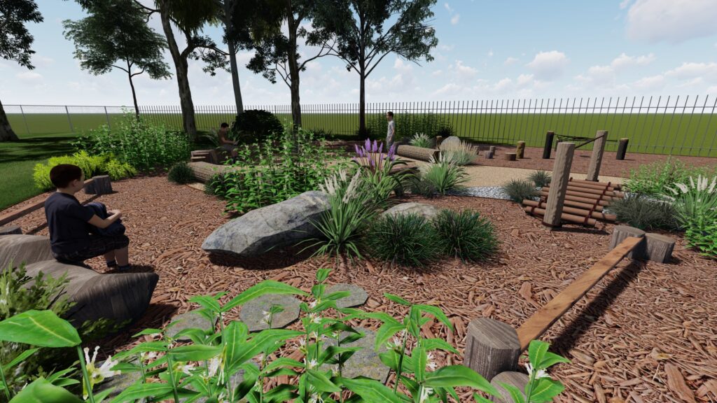 3D render of the dry creek bed and balance log feature in the Hamilton North natural play space design