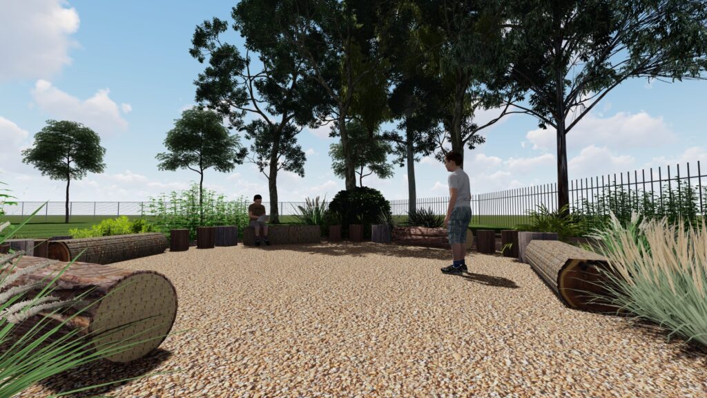 3D render of the yarning circle design with log seating for Hamilton North Public School