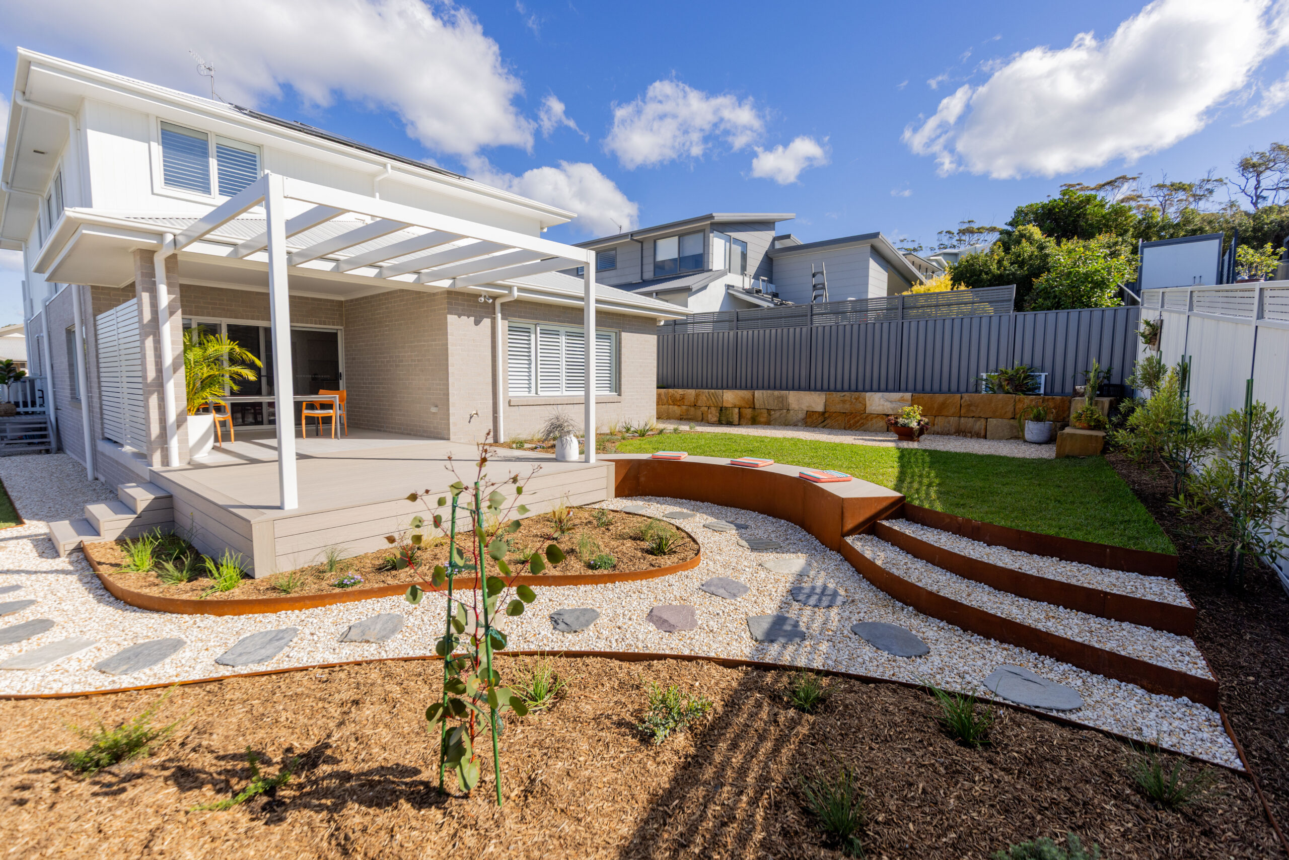 Outdoor Renovation Port Stephens with Pergola, Deck, Planting, Edging, and Turf