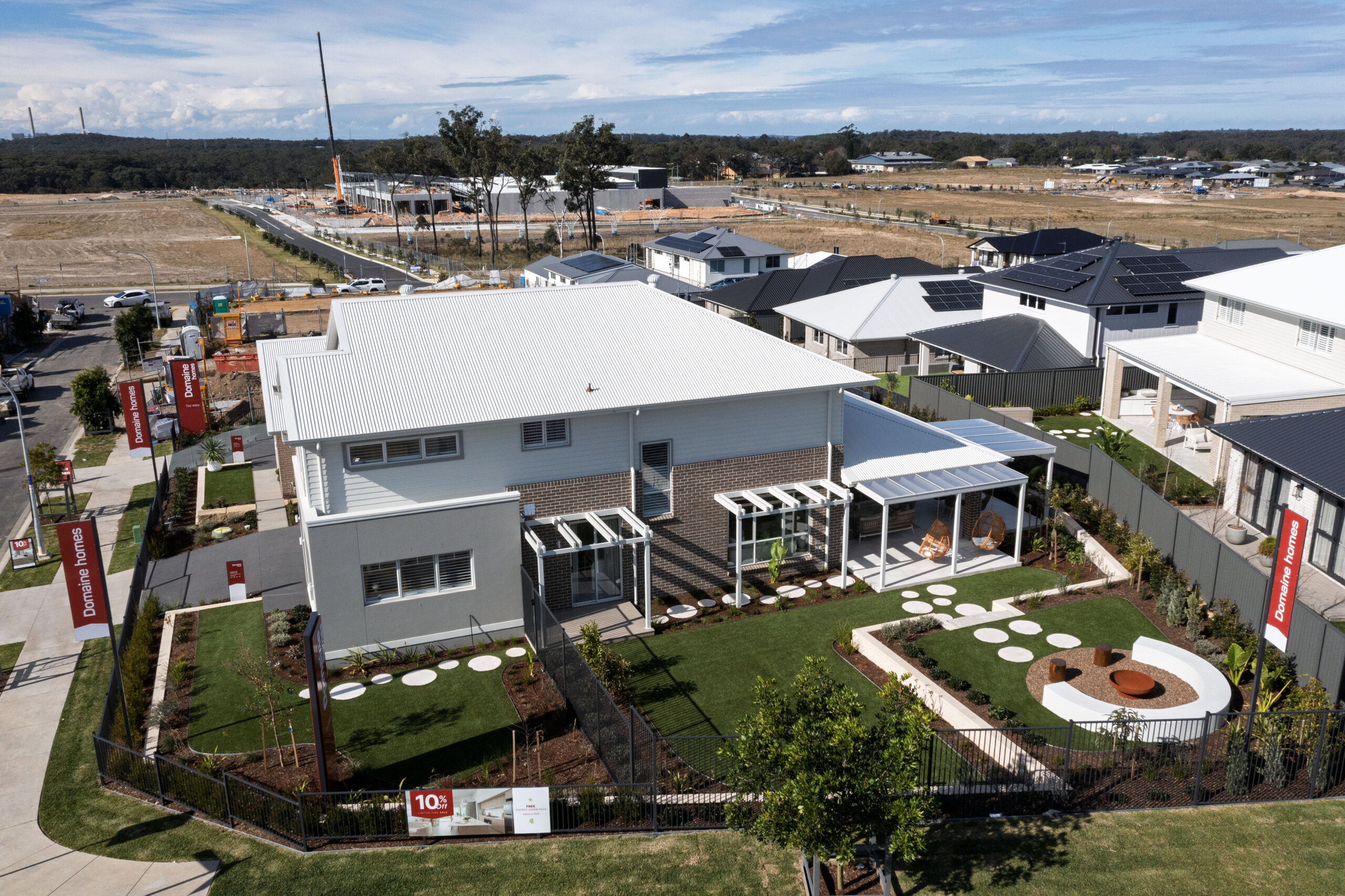 Aerial view of commercial landscaping at the Domaine Homes display home in Cooranbong
