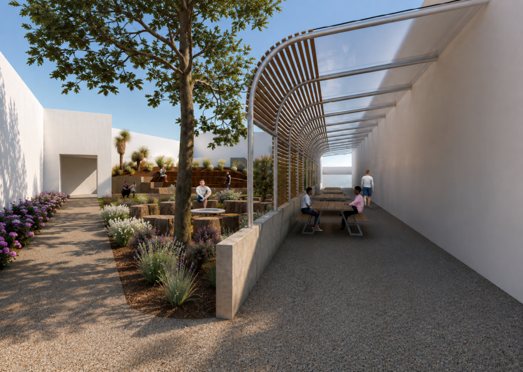 3D render of the covered walkway and picnic seating in the John Hunter Hospital cultural connection space design