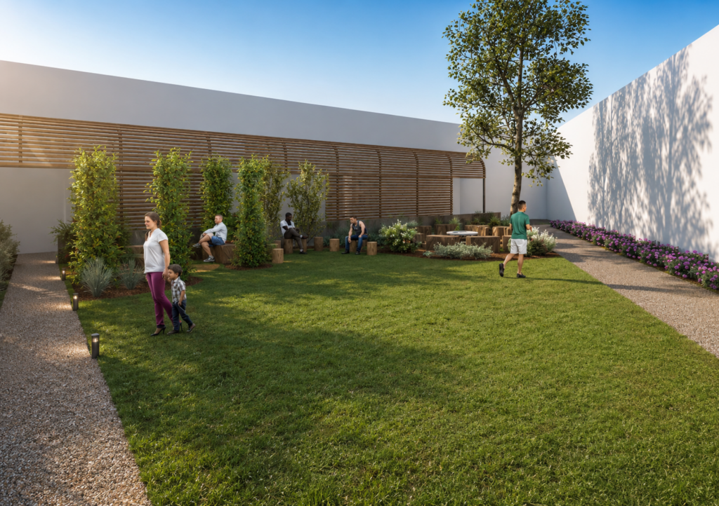 3D render of the open lawn and seating area in the John Hunter Hospital cultural connection space design
