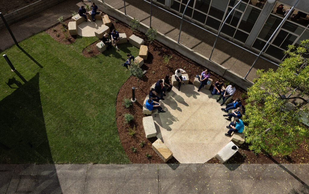 Aerial view showing daily use of the cultural connection space at John Hunter Hospital