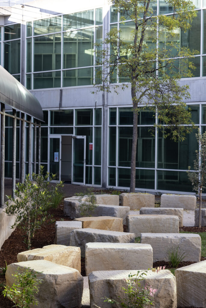 Finished sandstone seating and garden beds in the John Hunter Hospital cultural connection space